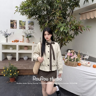 RouRou大码女装韩版立领绑带外套+波点裙胖mm气质减龄套装秋上新