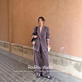 RouRou大码女装韩版翻领毛呢外套+阔腿裤胖mm老钱风两件套冬上新