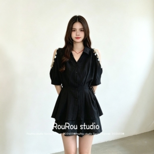 RouRou大码女装韩版V领亮片露肩衬衫+短裤胖mm小香风套装夏上新
