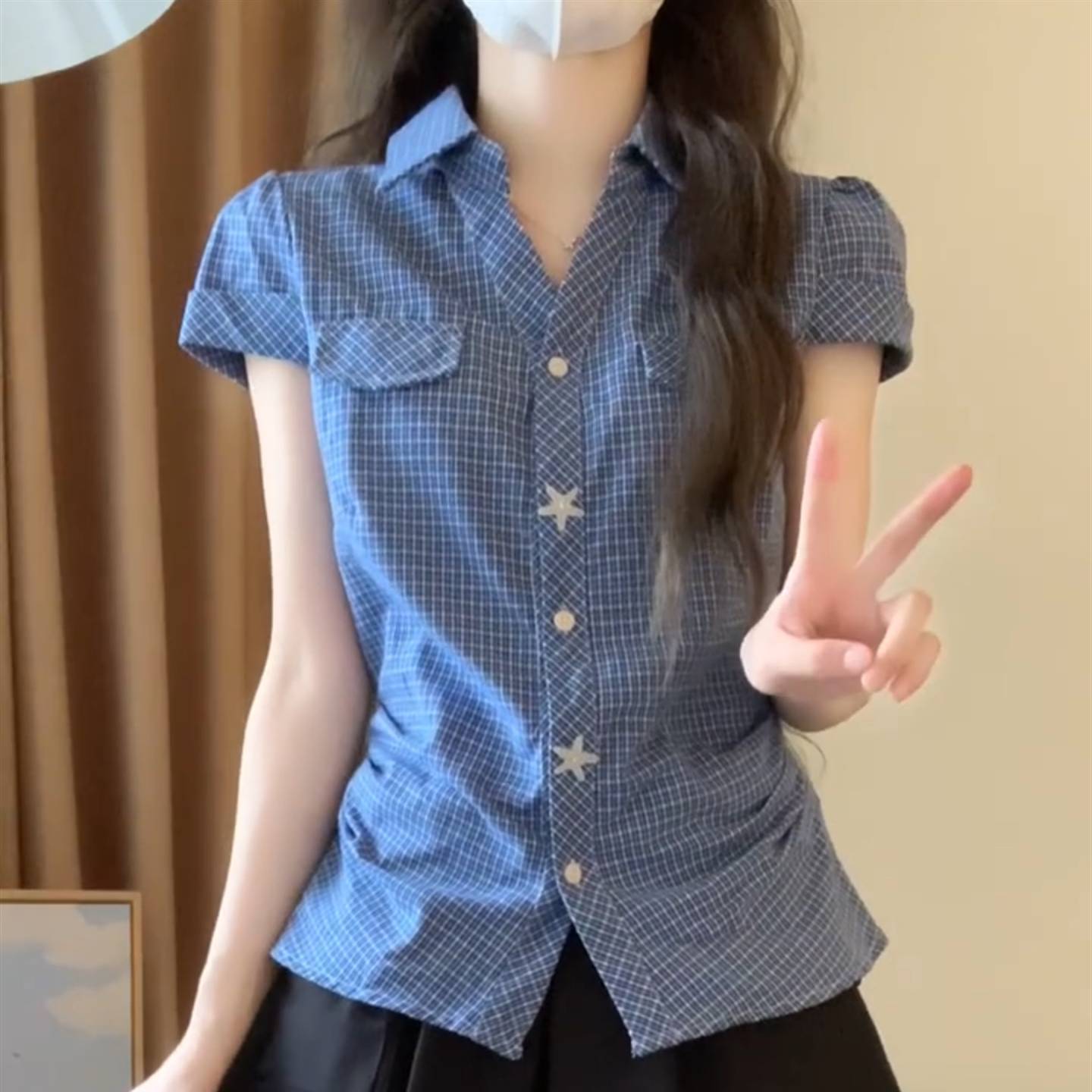 蓝色格纹正肩掐腰短袖衬衫女夏季