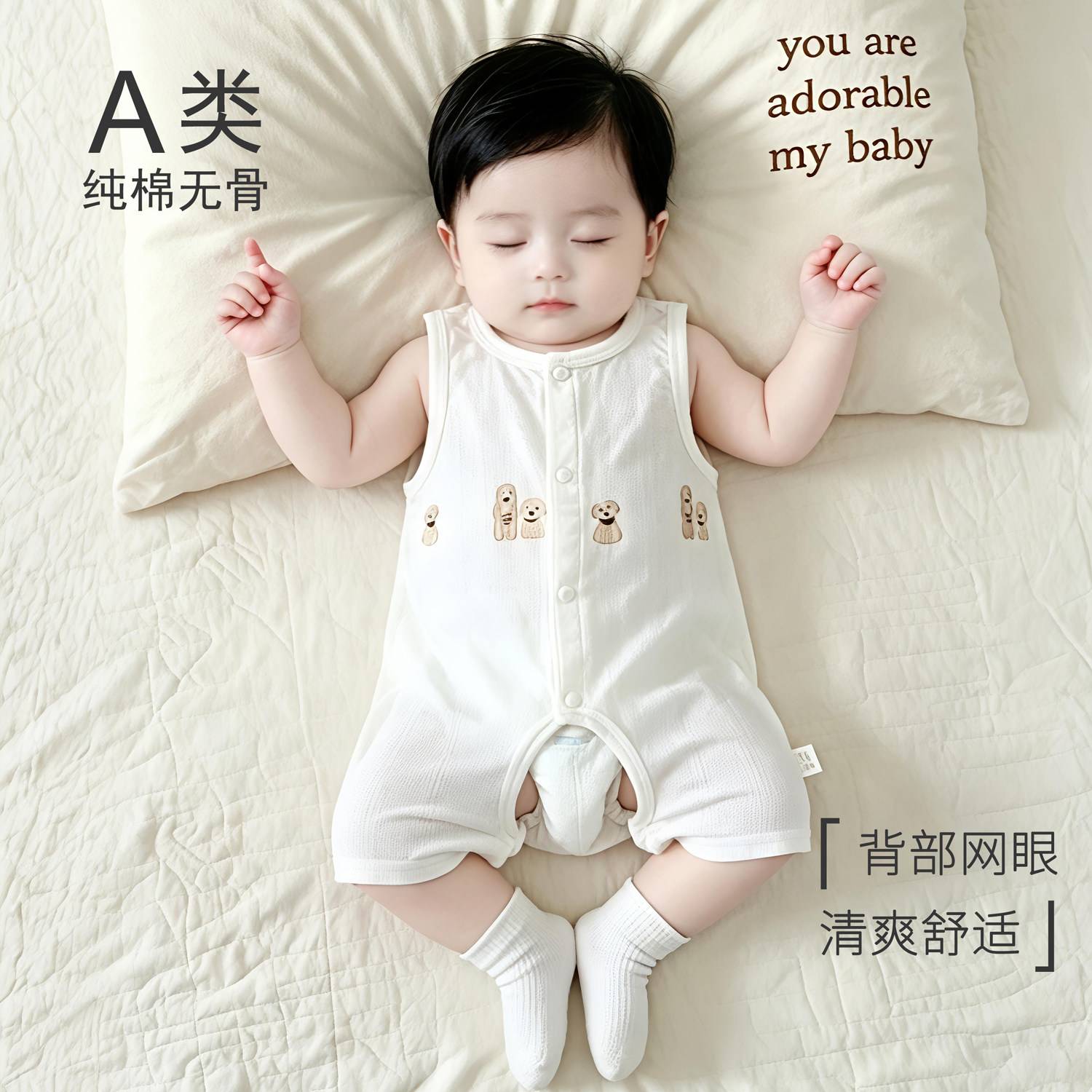 婴儿夏季纯棉琵琶袖无袖哈衣爬服