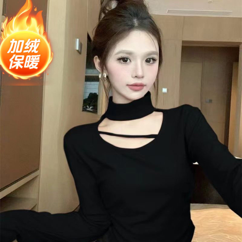 辣妹性感小众设计感挂脖长袖T恤女加绒修身显瘦镂空短款保暖上衣