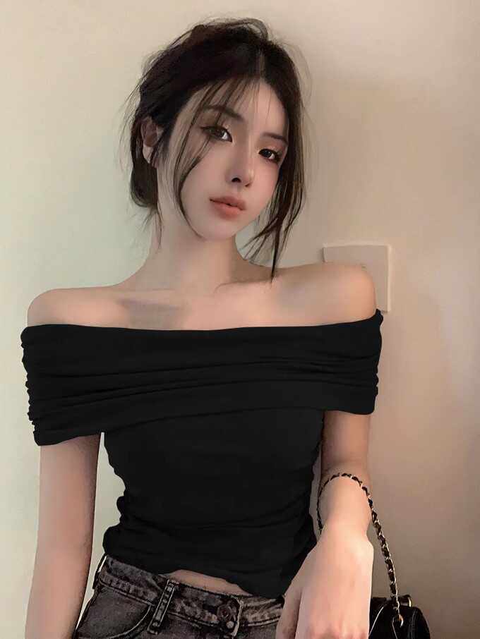 美式复古露锁骨褶皱收腰短袖t恤女夏一字肩气质上衣显瘦打底衫女