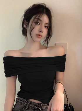 美式复古露锁骨褶皱收腰短袖t恤女夏一字肩气质上衣显瘦打底衫女