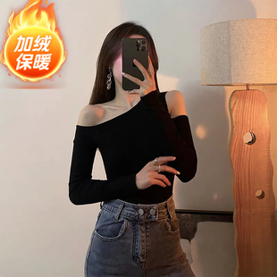 打底衫 T恤女露肩上衣设计感小众不规则百搭新款 斜肩长袖 黑色修身