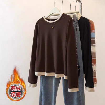 秋冬季德绒T恤上衣女士加绒长袖
