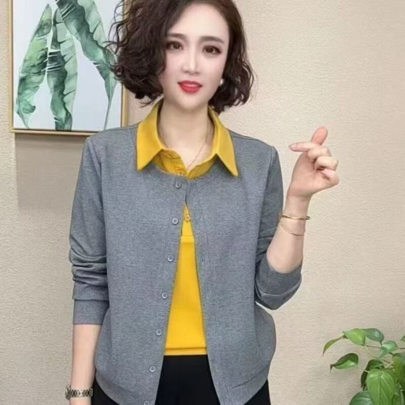 2026春秋新款假两件T恤长袖女时尚休闲妈妈开衫衬衣大码上衣打底