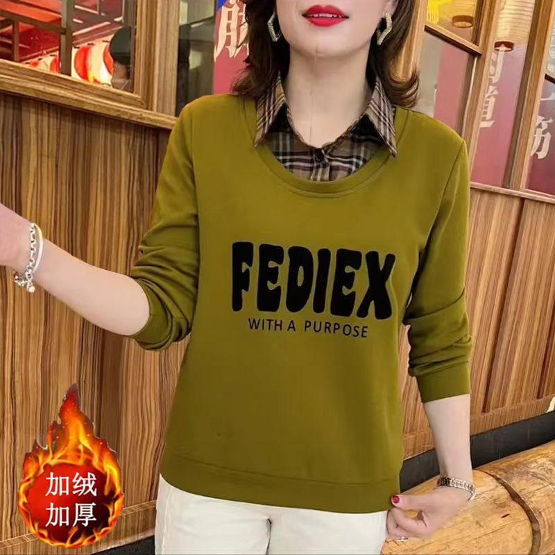 加绒加厚假两件长袖T恤卫衣女小衫POLO领中年妈妈装内搭保暖上衣