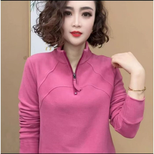 女装 2025秋冬季 半高领半拉链上衣大码 拼接纯色德绒时尚 卫衣女长袖