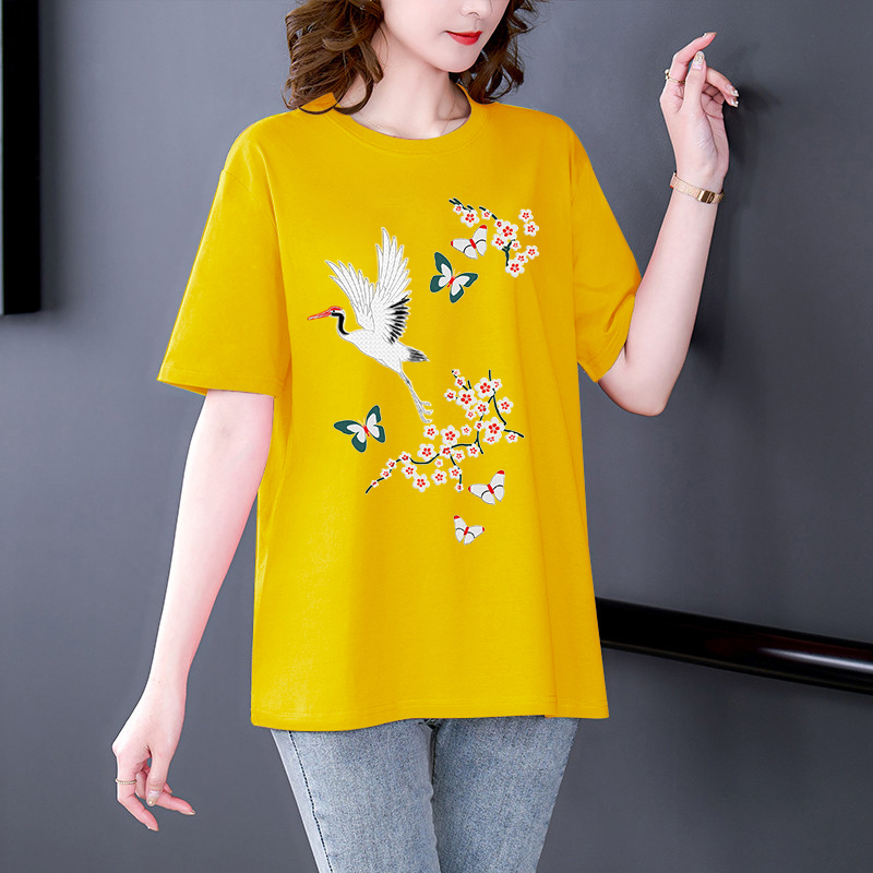 纯棉t恤女夏季宽松大码女装短袖中年妈妈文艺上衣圆领中老年夏装