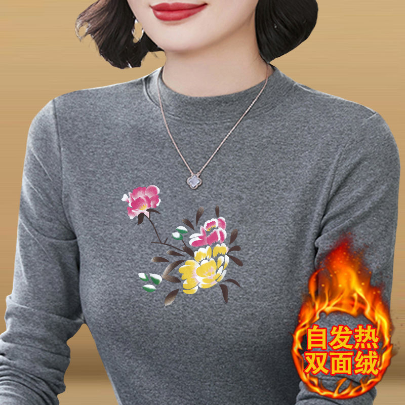 长袖半高领德绒印花T恤