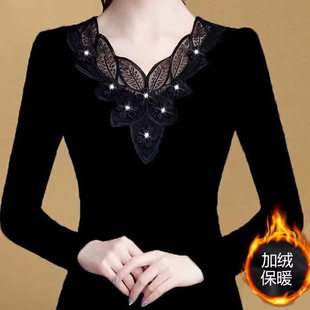 2026新款 女装 保暖打底衫 显瘦气质上衣大码 女蕾丝时尚 加绒加厚长袖