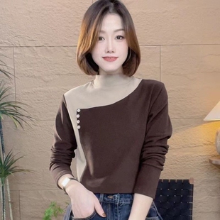 时尚 秋冬季 打底衫 保暖双面绒半高领拼接长袖 百搭休闲显瘦上衣 新款