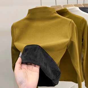 德绒秋冬长袖t恤女装大码加绒加厚打底衫半高领内搭修身显瘦上衣