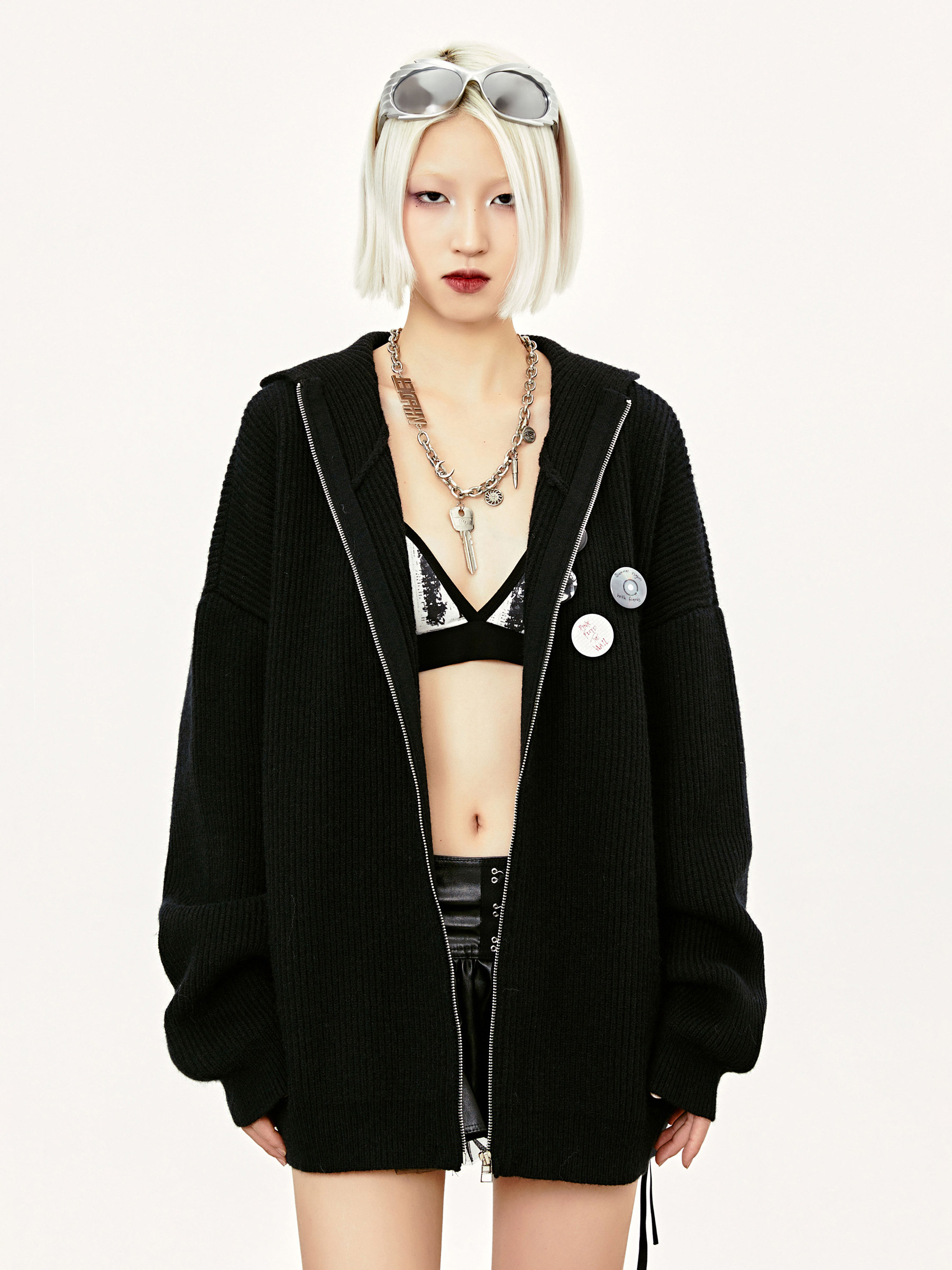 MADEEXTREME 여성용 회색 후드 스웨터 남성용 느슨한 가을 겨울 게으른 스타일 지퍼 카디건 니트 자켓