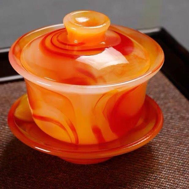 天然红玛瑙玉石精美盖碗茶碗茶杯泡茶新款耐热大号茶具送礼家用!