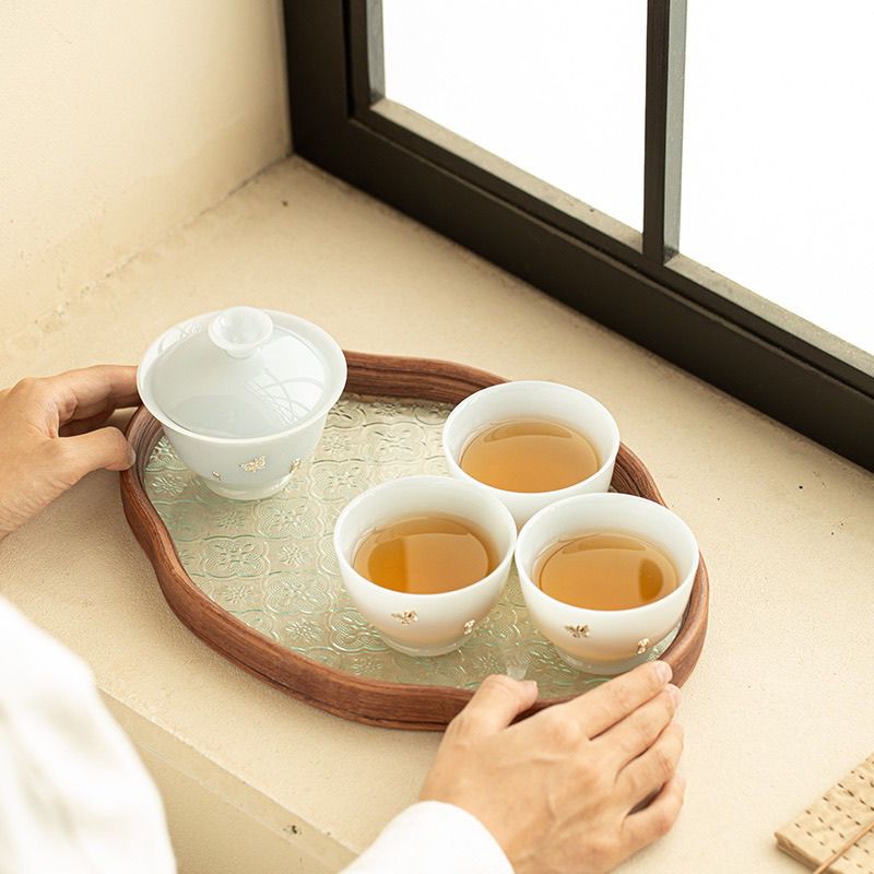 冰种璞玉羊脂玉瓷盖碗茶