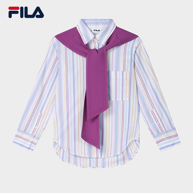 FILA Emerald斐乐女子披肩衬衫2024夏新款竖条纹休闲时尚女装上衣