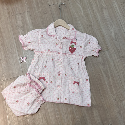 【小软摘星星】自制可爱草莓刺绣长袖长裤棉纱睡衣