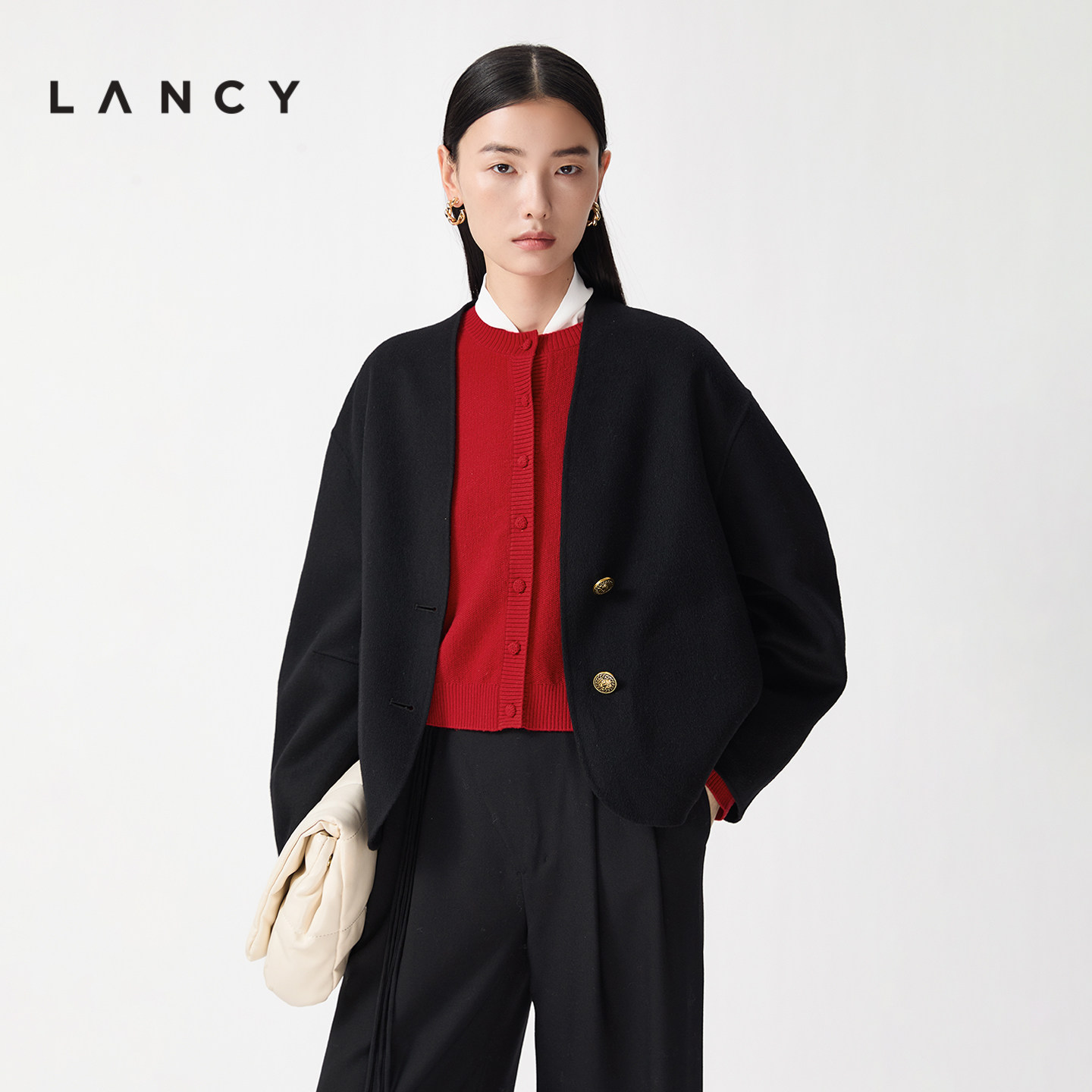 【金玉满棠】LANCY/朗姿2026春季新款气质无领纯羊毛毛呢外套短