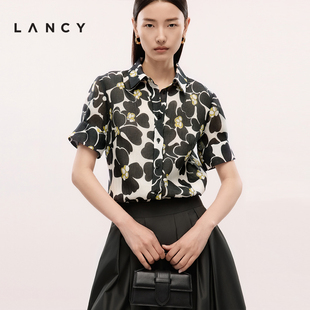 衬衫 LANCY 撞色印花丝棉短袖 朗姿2025年夏新款 女气质通勤上衣 法式