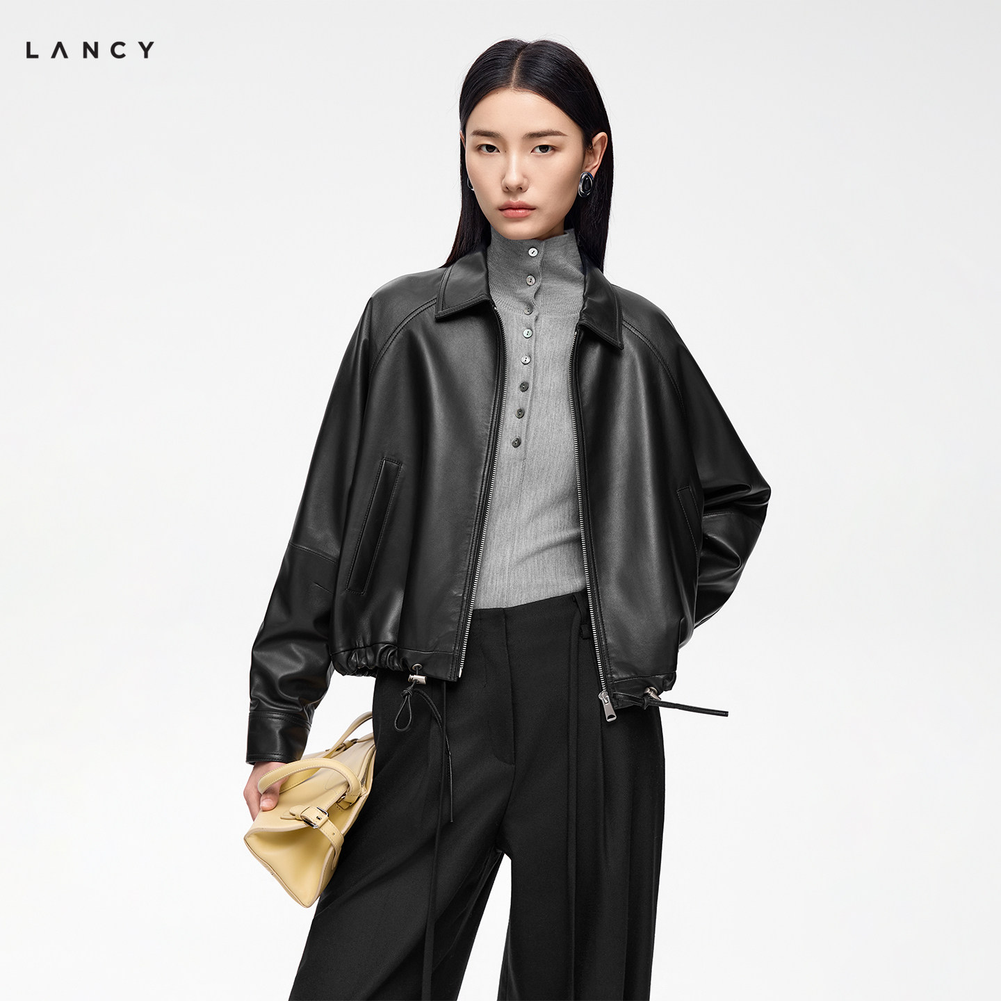 【羊皮】LANCY/朗姿2026冬季新款大气简约翻领短款皮衣外套夹克女