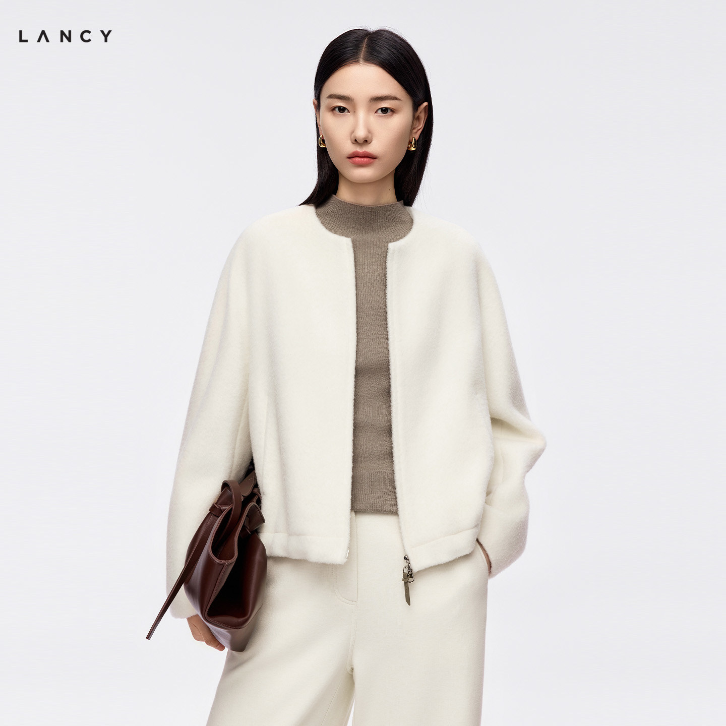 【羊毛羊驼毛】LANCY/朗姿2026秋季新款简约圆领绒感毛毛短外套女