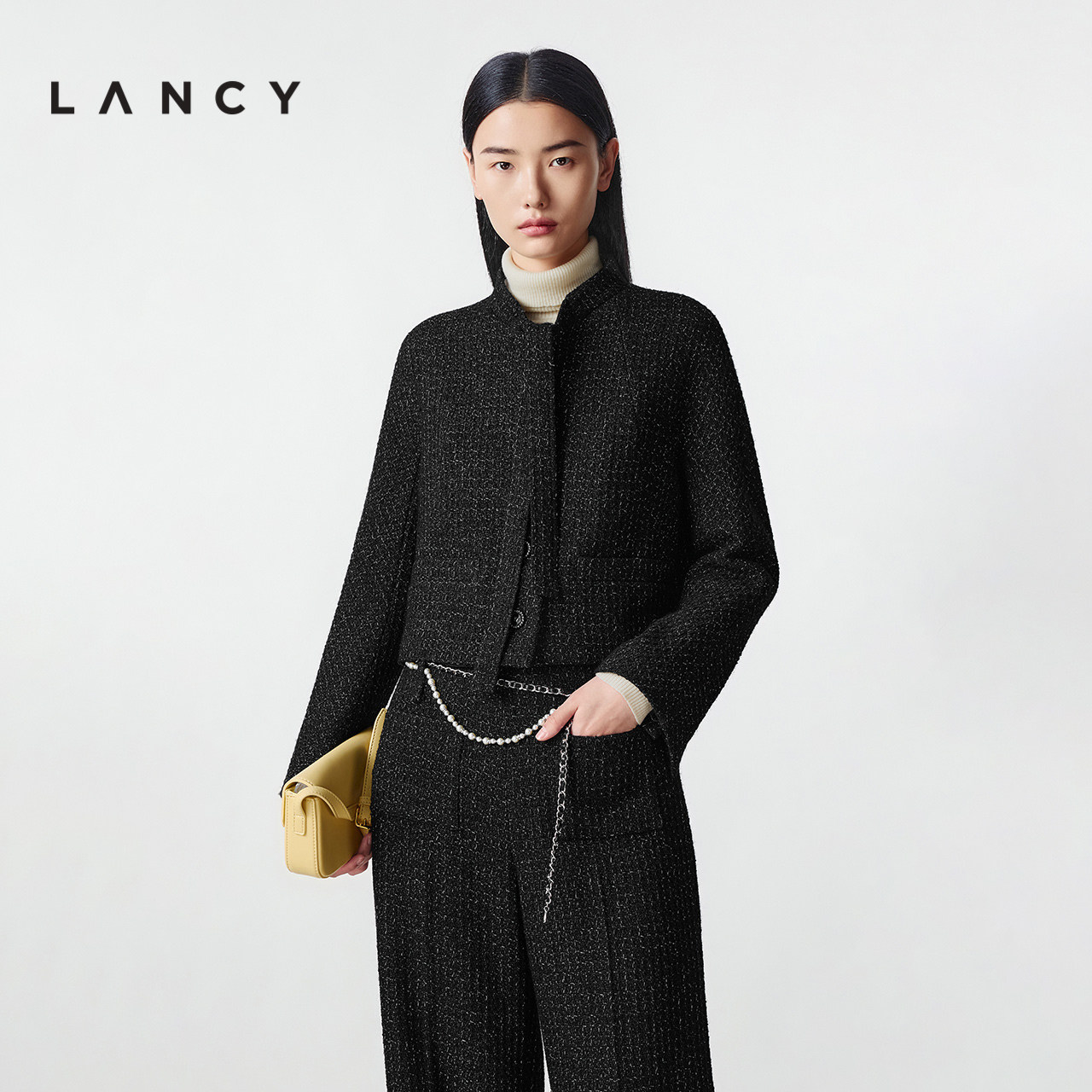 LANCY/朗姿2025冬新款小香风羊毛系带领黑色短外套直筒西裤套装女,女装/女士精品,时尚套装,淘宝优惠券,粉丝福利购,淘宝优惠卷