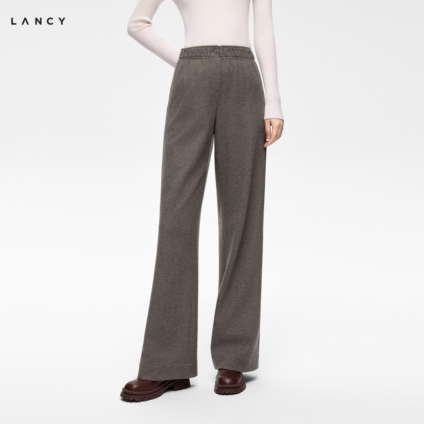 LANCY/朗姿2026冬季新款复古通勤高腰阔腿裤垂感休闲磨毛羊毛裤女