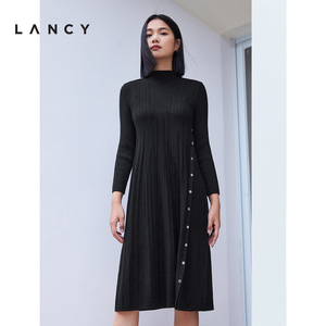 LANCY/朗姿2023秋季新款圆领中长款针织连衣裙女复古经典法式女裙