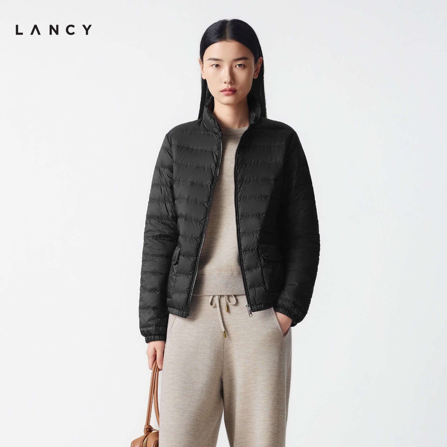 【匈牙利鹅绒】LANCY/朗姿2025年冬新款修身轻薄短款排骨羽绒服女