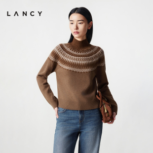 复古费尔岛提花高领针织衫 朗姿2025冬新款 LANCY 短上衣女 羊毛