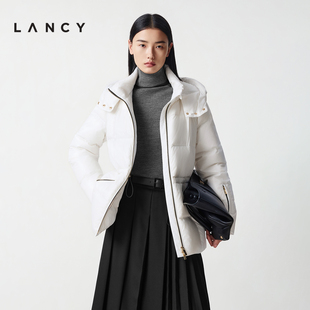 新款 朗姿2025冬季 LANCY 优雅收腰连帽羽绒服中长 匈牙利白鹅绒
