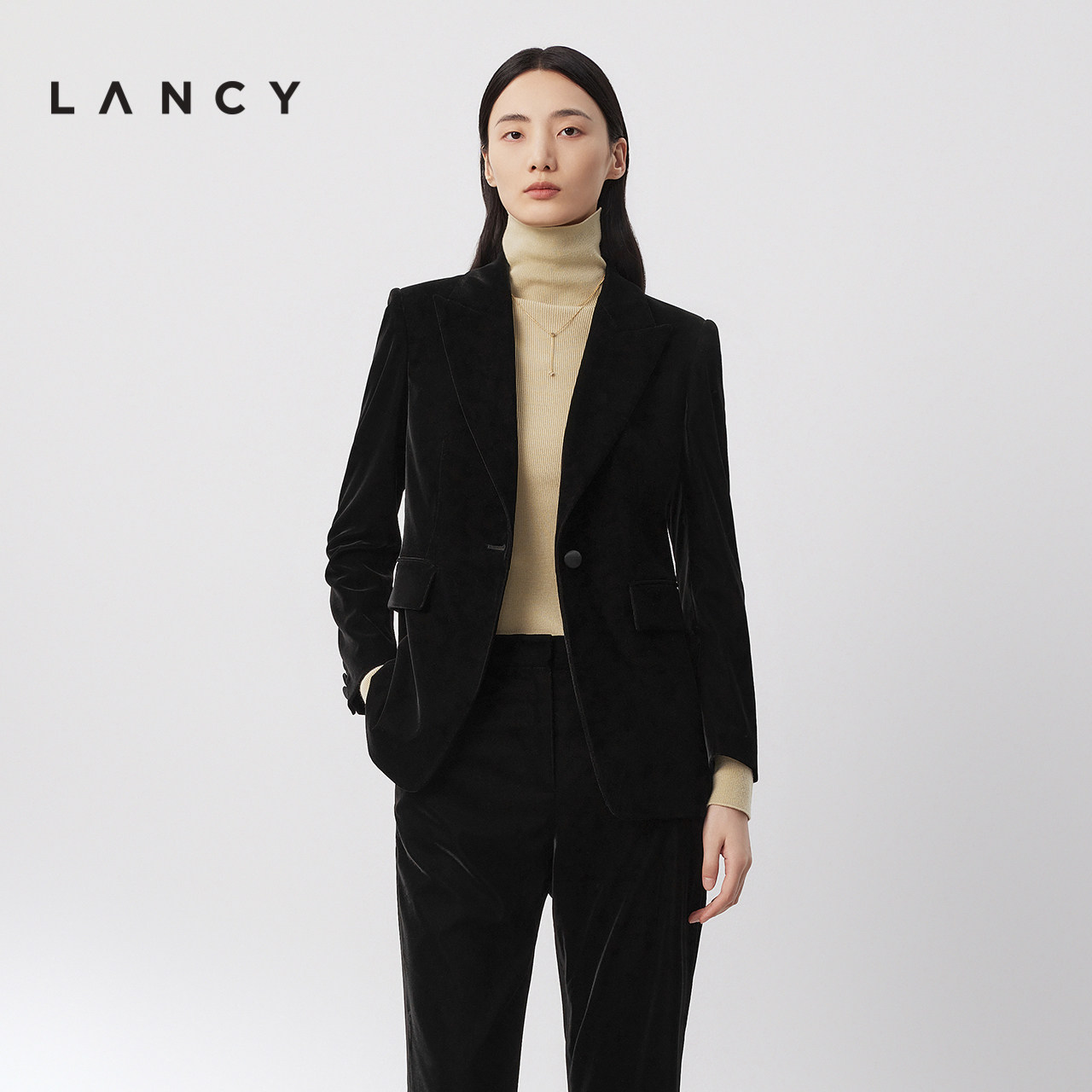 LANCY/朗姿2026春季新款气质通勤丝绒收腰西装外套西裤职业套装女