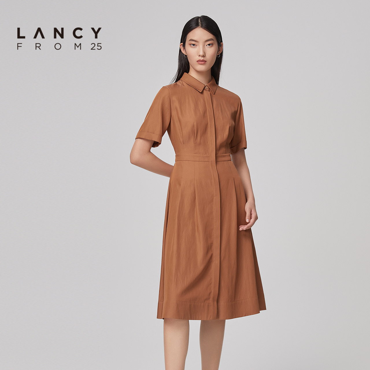 LANCY/悦朗姿女装2023春季新款中长款衬衫连衣裙女收腰短袖裙子