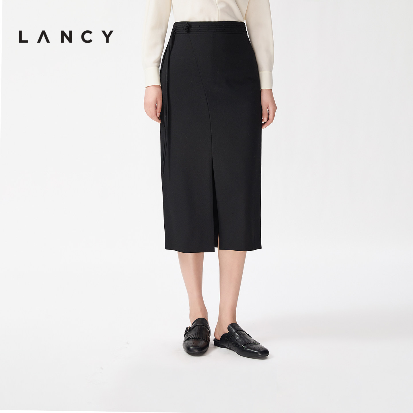 【金玉满棠】LANCY/朗姿2026春新款纯羊毛新中式盘扣直筒开衩半裙