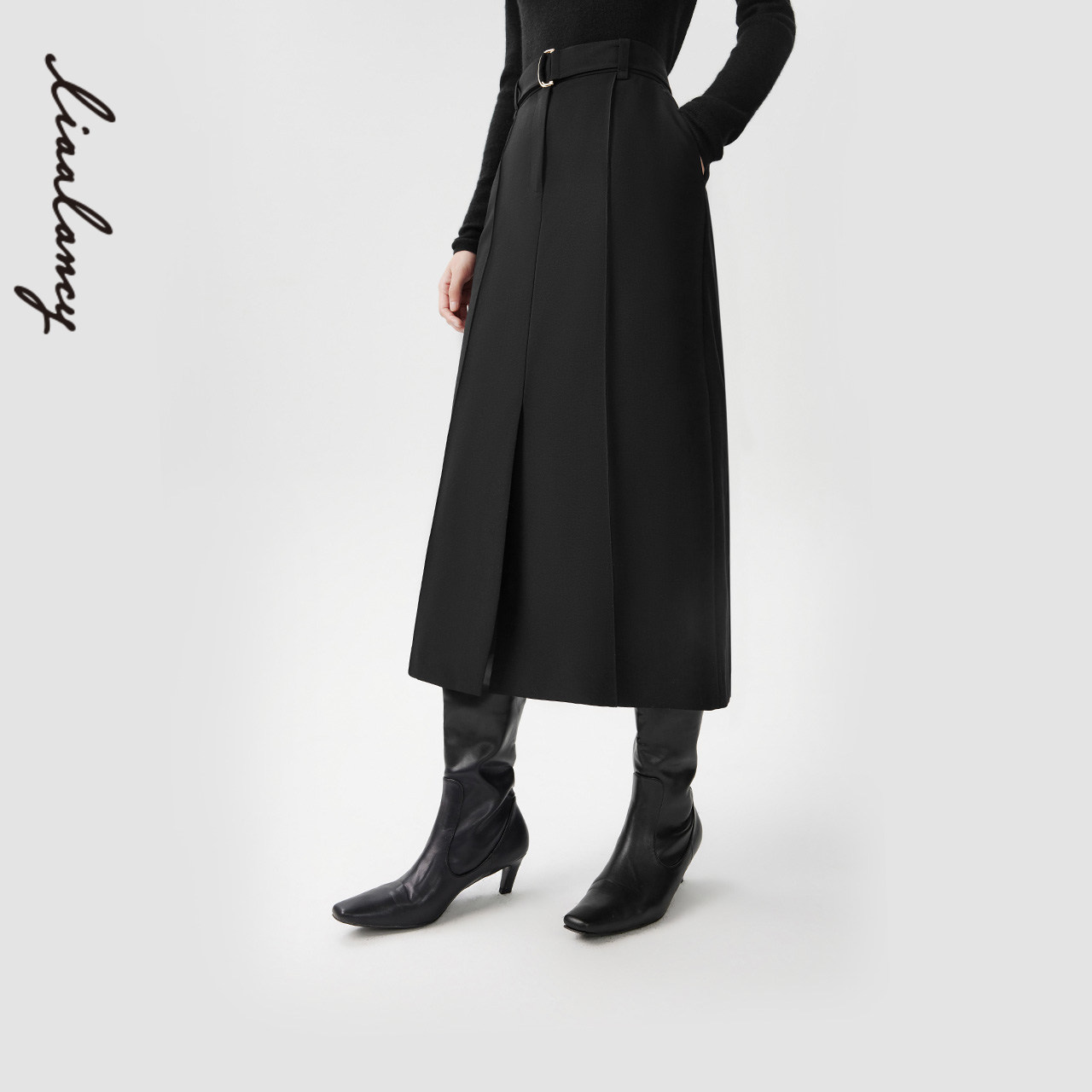 LANCY/朗姿2024春秋新款高端羊毛直筒半身裙女黑色显瘦开叉中长裙,女装/女士精品,半身裙,淘宝优惠券,粉丝福利购,淘宝优惠卷
