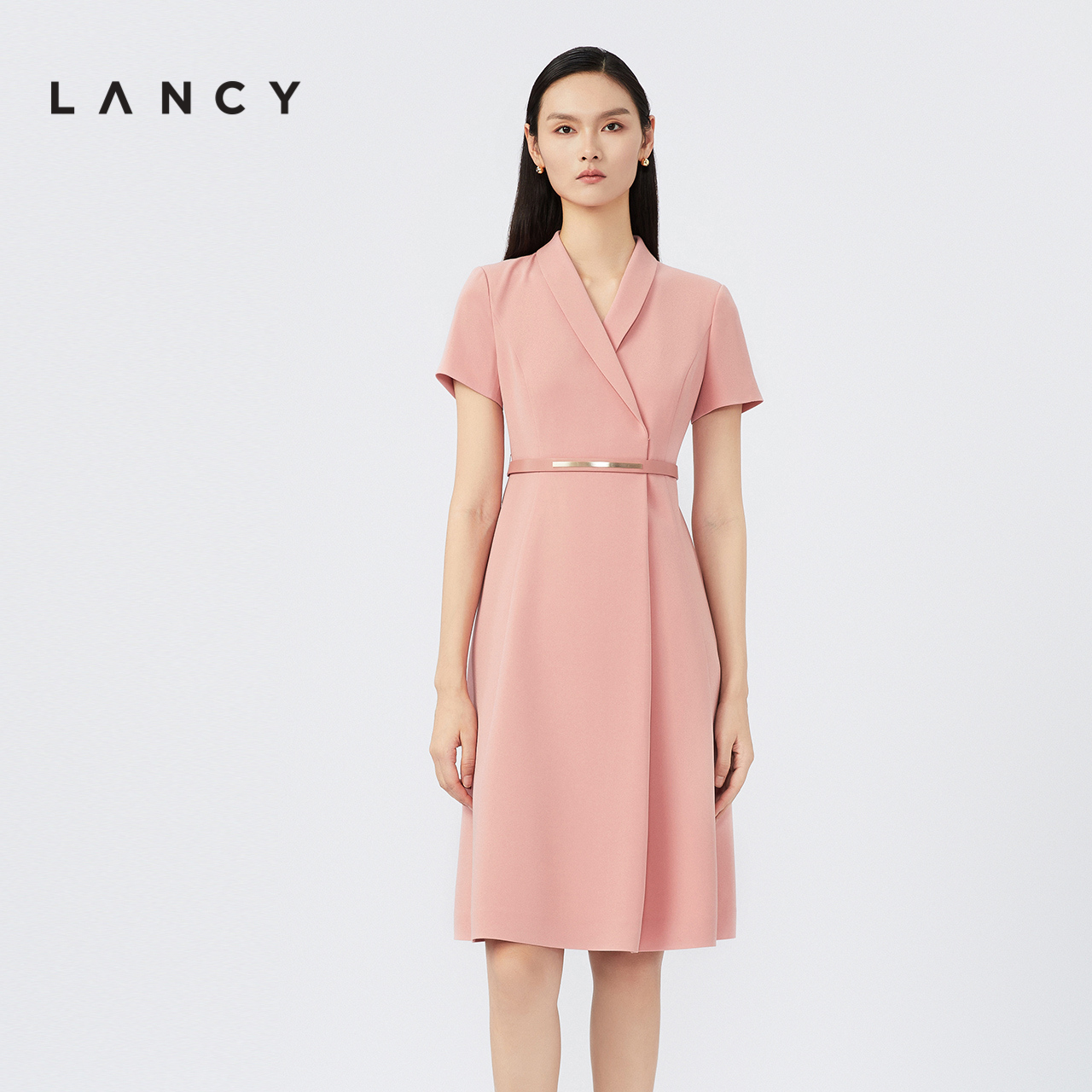 LANCY/朗姿女装2023夏季新款粉色青果领连衣裙收腰短袖粉色裙子