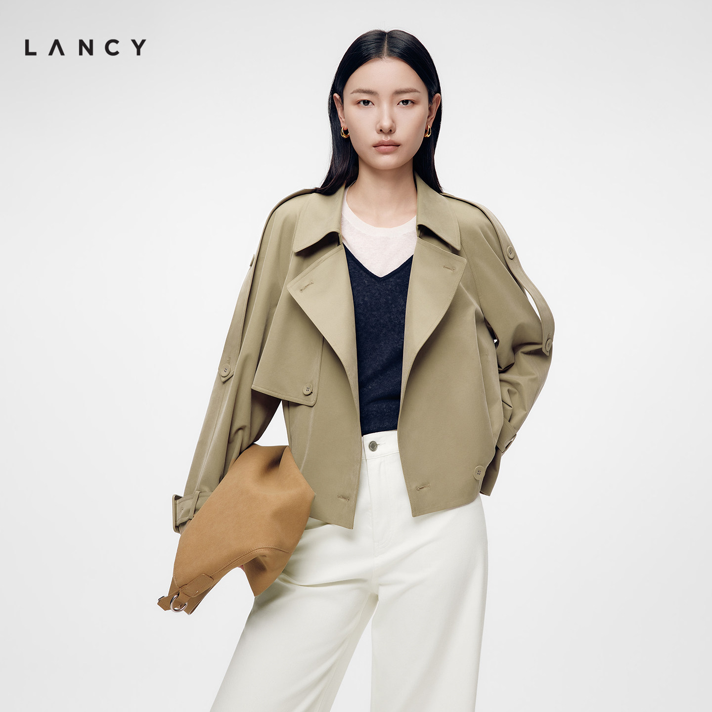 LANCY/朗姿2026年秋季新款高级感翻领气质短款工装风衣外套设计感图片