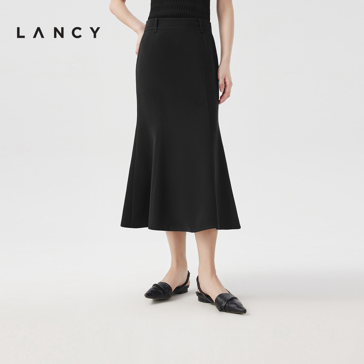 LANCY/朗姿2024夏季新款黑色醋酸鱼尾半身裙女高腰气质高级感裙子