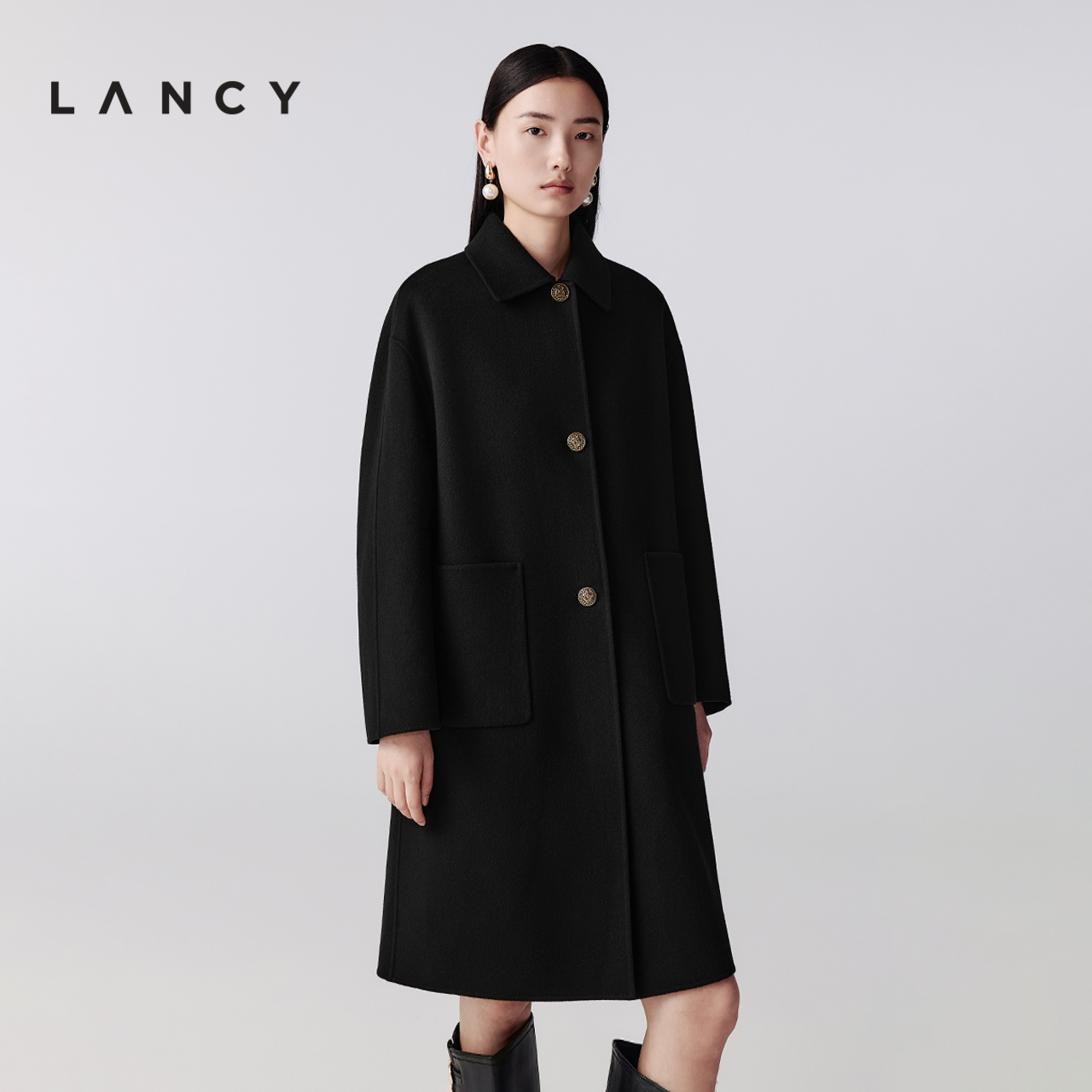 【纯羊毛】LANCY/朗姿2025冬新款气质双面呢长大衣女翻领黑色外套