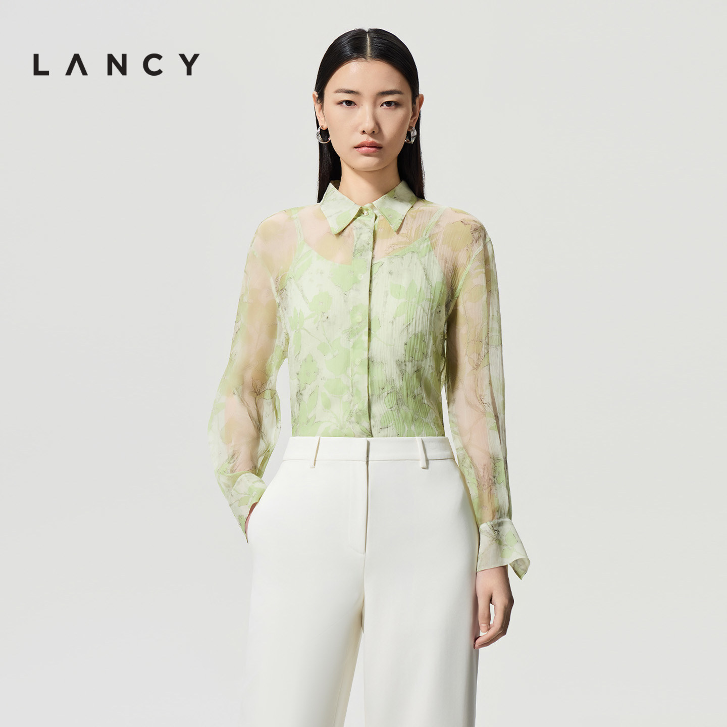 【真丝】LANCY/朗姿2026夏季新款中式国风水墨印花薄纱高端衬衫女图片