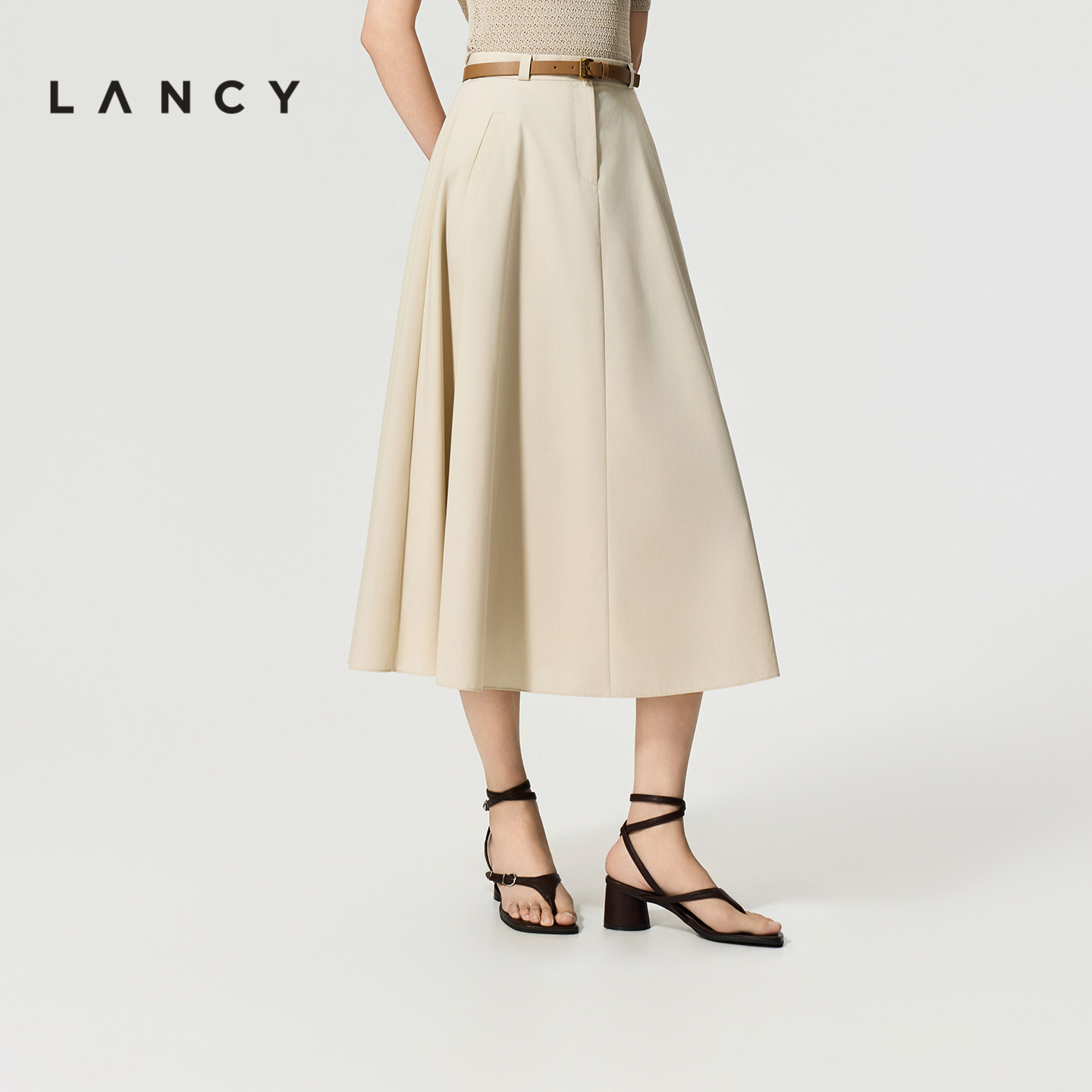 【秀场同款】LANCY/朗姿2026夏新款气质通勤高腰A字伞摆棉半身裙