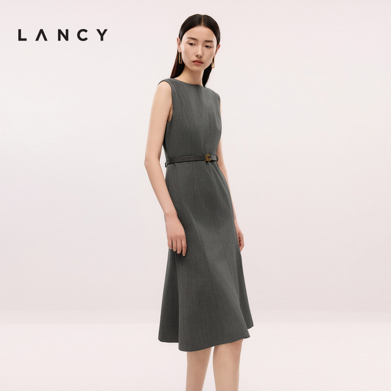 LANCY/朗姿夏季新款高端无袖修身鱼尾收腰气质通勤中长款连衣裙女