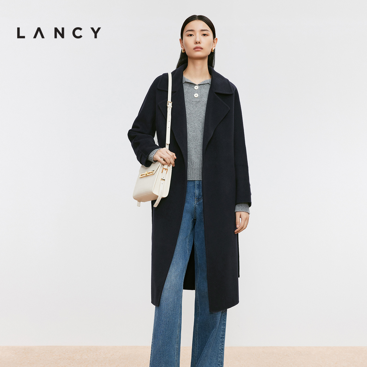 LANCY/朗姿2024冬季新款丝毛黑色双面呢大衣中长款百搭毛呢外套女