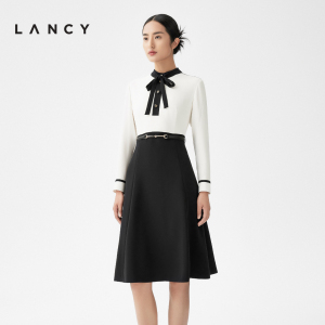 LANCY/朗姿2023秋冬新款黑白撞色连衣裙中长款裙子女收腰气质优雅