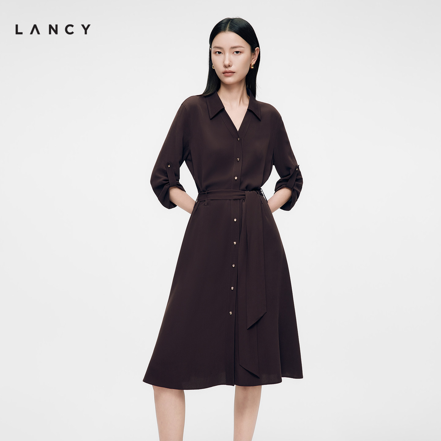 【真丝】LANCY/朗姿2026年秋季新款翻领A字收腰显瘦衬衫连衣裙女