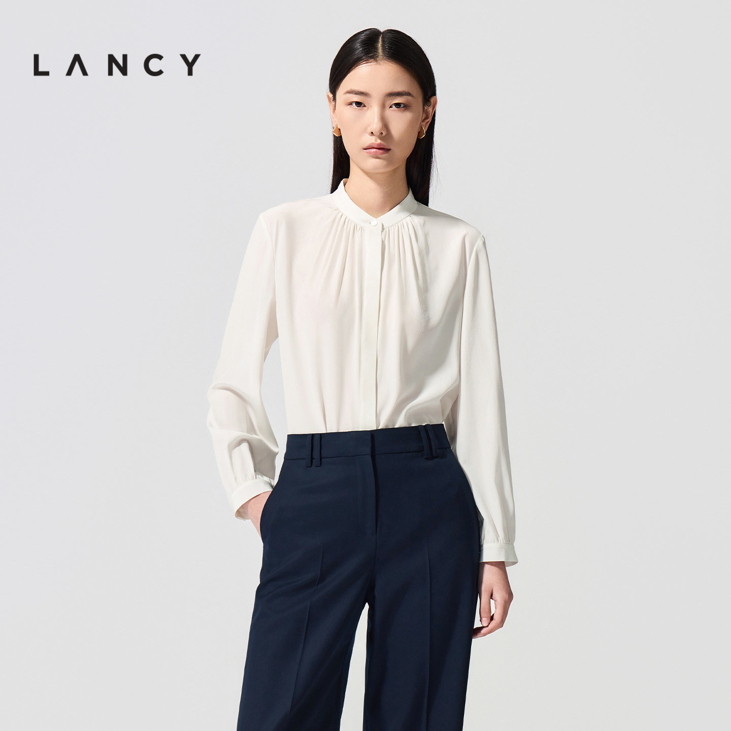 【100%桑蚕丝】LANCY/朗姿2026春新款气质老钱风抽褶白衬衫上衣女图片