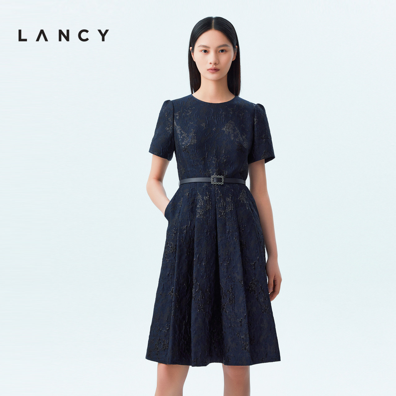 【立体提花】lancy/朗姿重工收腰高级感蕾丝连衣裙a字中长裙子女