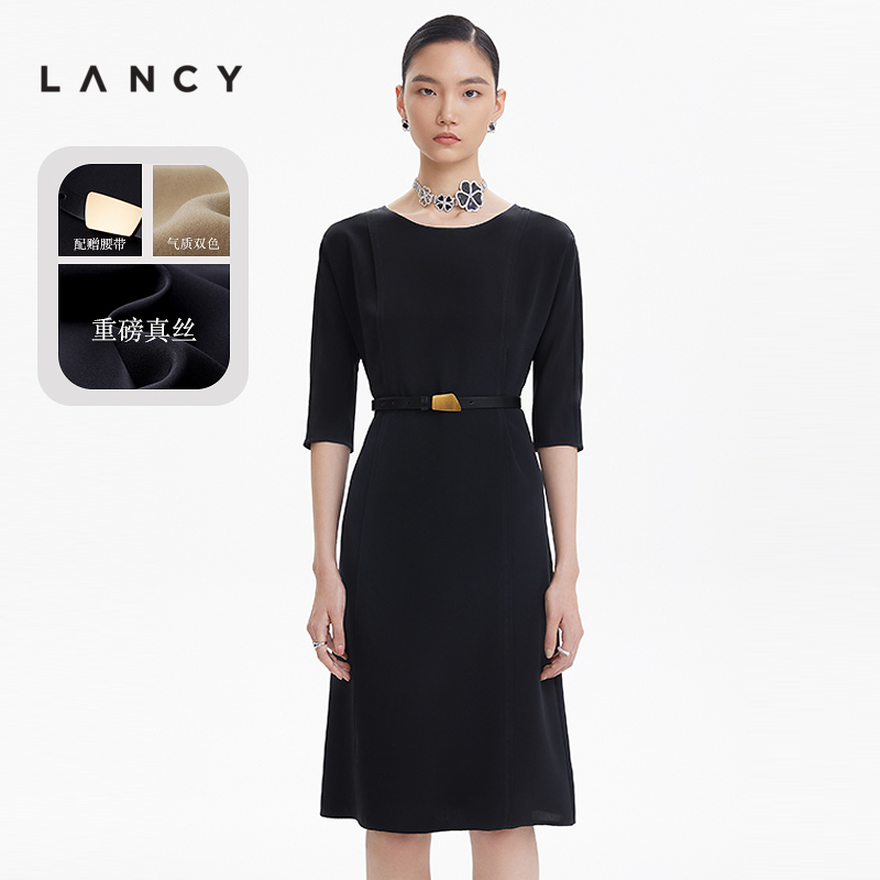 LANCY/朗姿2023新款真丝圆领七分袖连衣裙法式收腰商务通勤裙子女